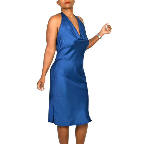 Young Fabulous Broke Rebel Slip Dress Blue Halter Midi Rayon Draped Satin Small - Picture 3 of 13